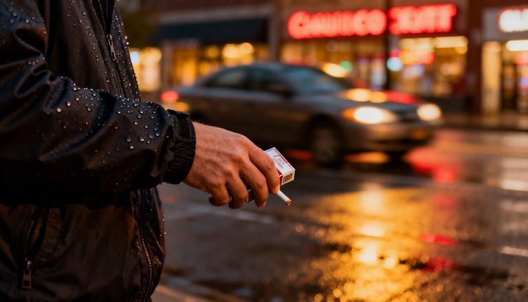 Columbus commuter in evening traffic, hand near a cigarette pack but hesitating, steam rising from storm drain, distant taillights