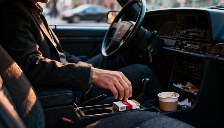 Columbus commuter in parked car, hand close to cigarette pack but holding back, pensive, urban environment