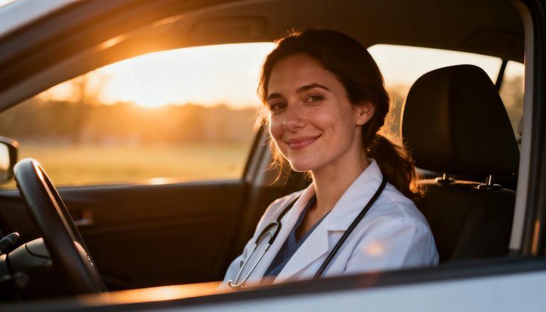 Columbus doctor de stressing after work at the end of her shift without cigarettes with a gentle smile sitting down in her car in the parking lot