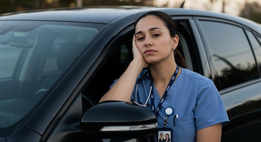 Columbus healthcare worker leaning on their car after their shift exhausted trying not to smoke cigarettes