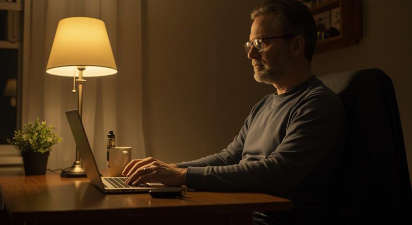 Columbus man engaged in a remote private hypnotherapy session with his laptop open and a vape pen sitting next to his laptop
