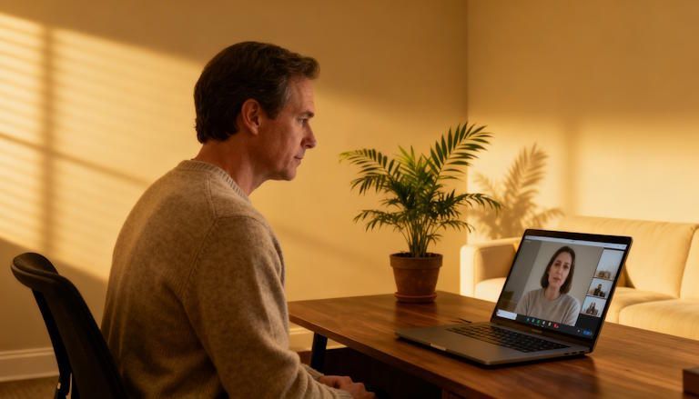 Columbus man engaging in a private remote hypnotherapy session from his home office