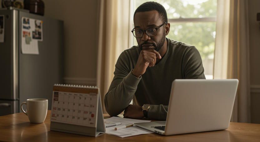 Columbus man looking at a calendar and laptop while considering quit smoking hypnotherapy