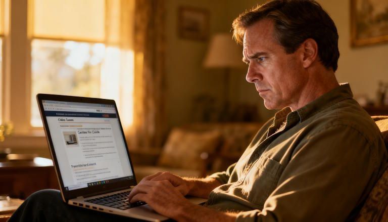 Columbus man reading online reviews of hypnosis providers in Columbus on a laptop with a careful skeptical expression