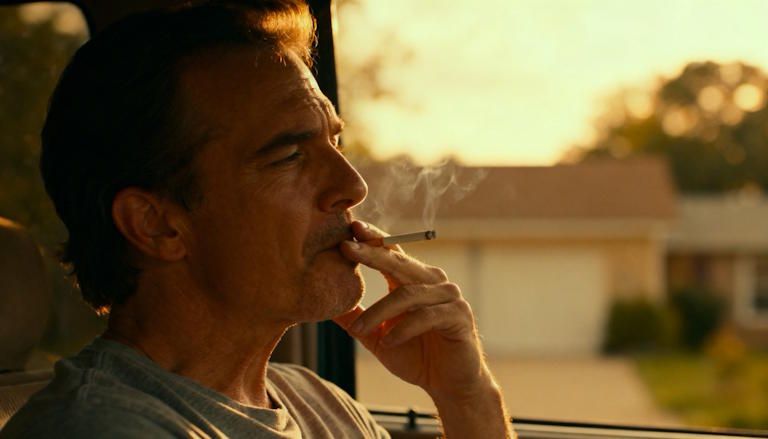 Columbus man reflecting on long-term smoking routines sitting in his car getting up the courage to quit smoking