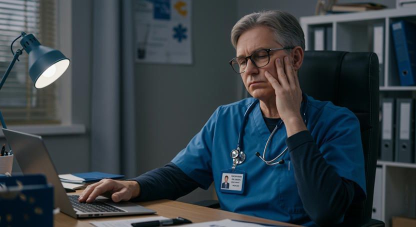 Columbus medical professional in his home office after shift during private remote hypnotherapy session