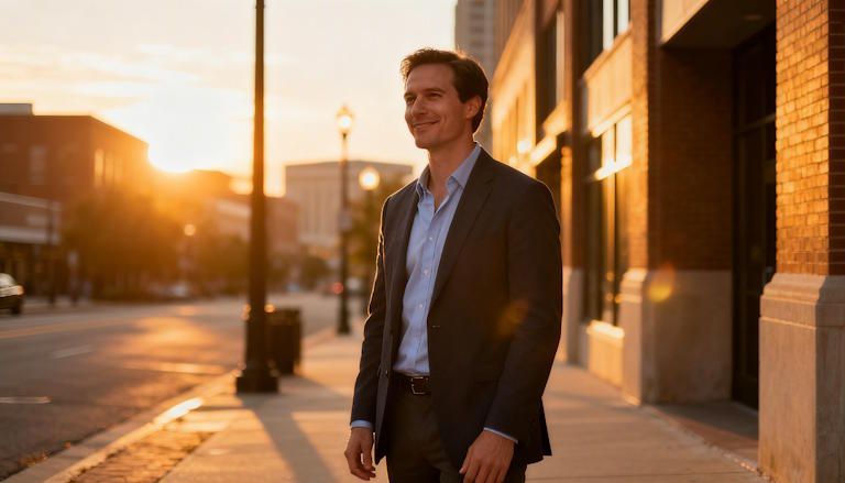 Columbus professional leaving work at sunset on city sidewalk, hands free, relaxed posture, subtle smile, warm glow