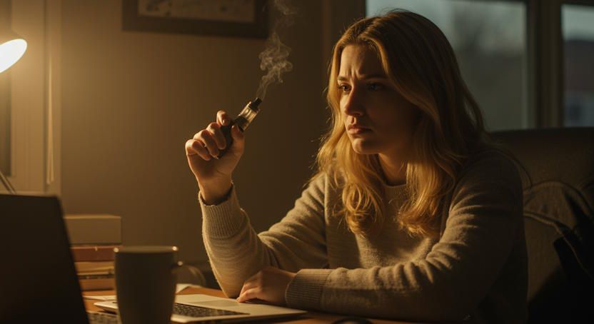 Columbus woman at a desk holding a vape device with a slightly frustrated expression