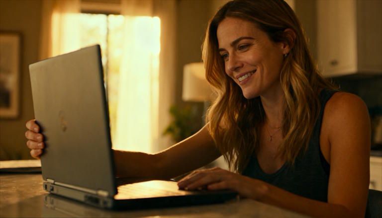 Columbus woman closing her laptop screen after researching quit smoking hypnotherapy happy expression on her face