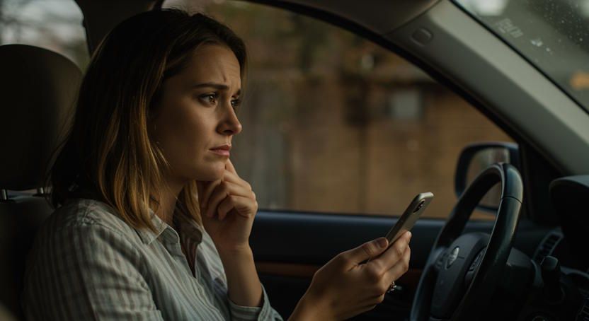 Columbus woman comparing quit smoking hypnotherapy providers on her smartphone in her car thoughtful skeptical expression