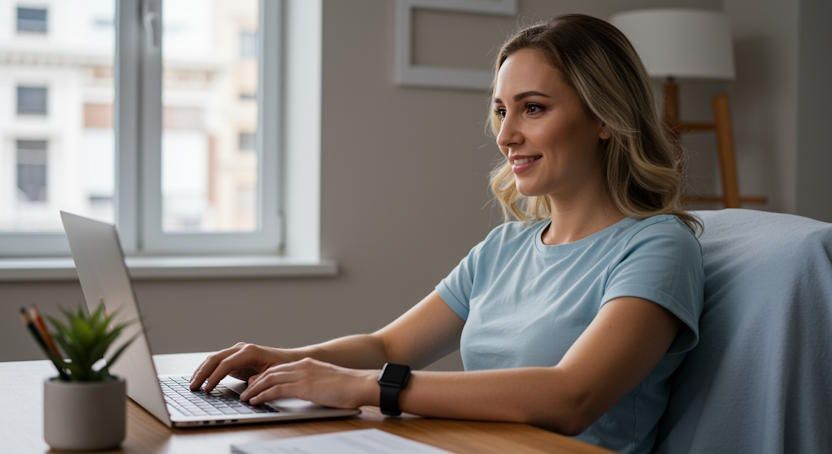 Columbus woman during her private remote hypnotherapy session with her laptop open in a relaxed posture