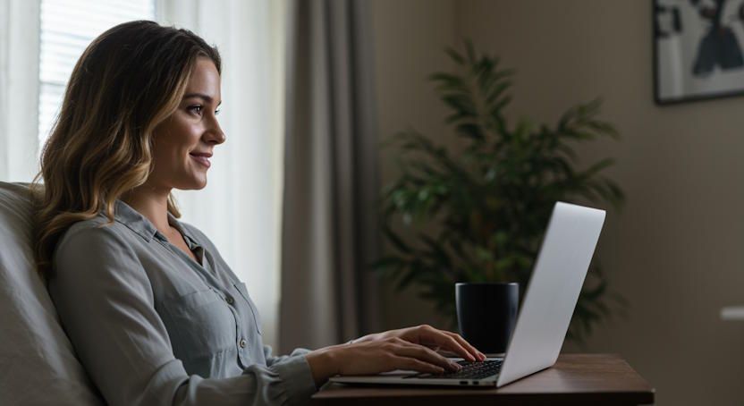 Columbus woman engaging in private remote hypnotherapy session in her home office