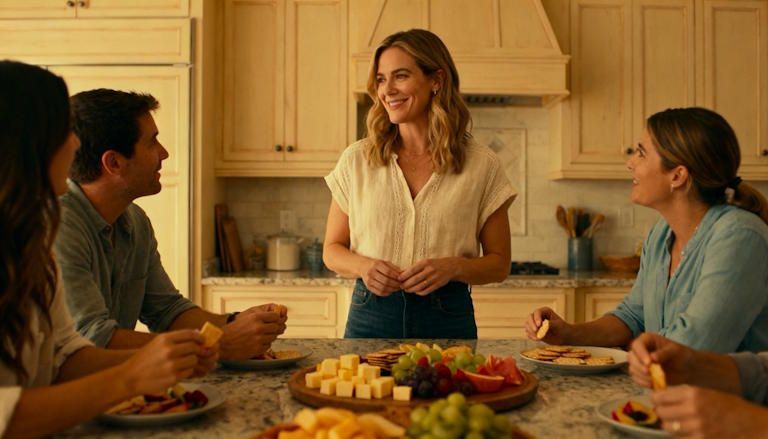 Columbus woman smiling calmly, confident, talking with friends in her kitchen while they eat snacks, no cigarettes or snacks in her hands