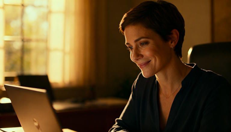 Happy Columbus woman in a private remote hypnotherapy session, laptop open, calm focused expression