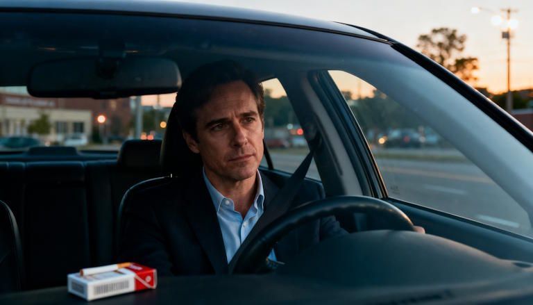 IT Professional sitting in parked car in Columbus at dusk, cigarette pack in center console, conflicted but hopeful expression