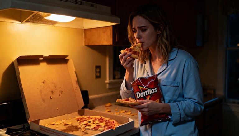 Late-night kitchen scene of a woman in pajamas eating pizza and Doritos, slouched posture, subtle emotional exhaustion