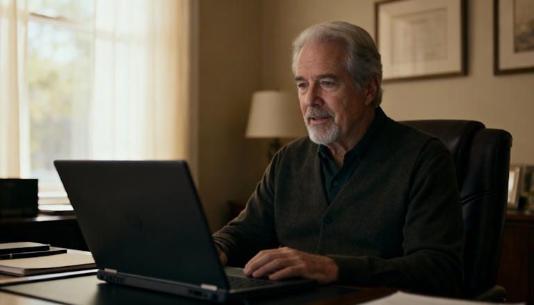 Older Columbus man during private remote hypnotherapy session with his laptop open in a relaxed posture