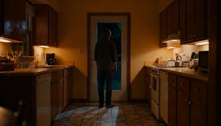 Parent in Columbus kitchen late at night, hands on doorframe, weary expression, moonlight through window fighting the urge to go outside and smoke