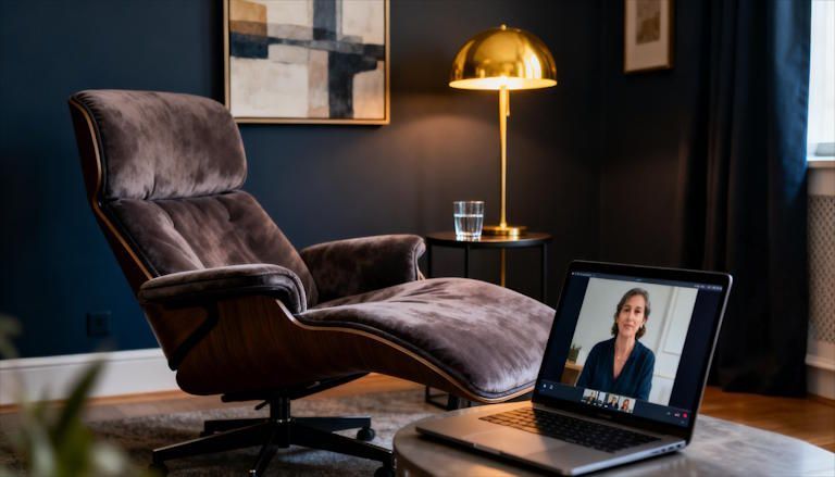 Private remote hypnotherapy session setup in Columbus home office dark comfy atmosphere