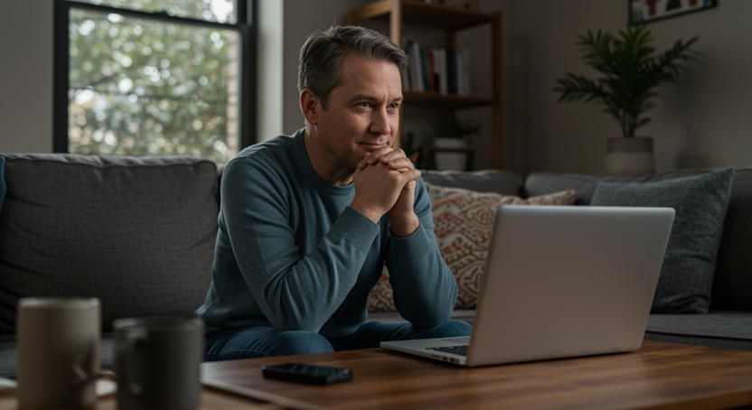 Quit Smoking Columbus client at home after his hypnotherapy session, laptop closed on open screen in background and visibly calmer