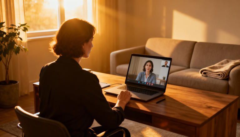 Woman doing a remote hypnotherapy session in her Columbus home office