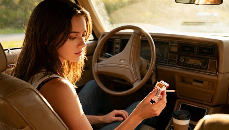 Young woman in Columbus in a stressful moment trying to choose calm instead of cigarette with her hands on steering wheel
