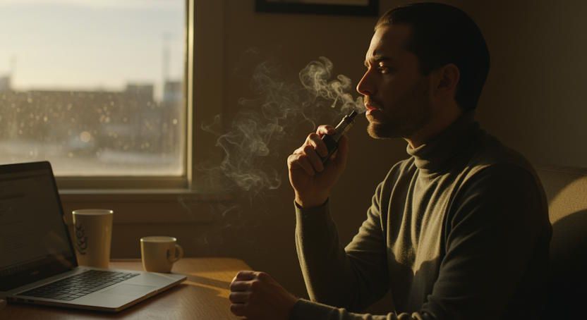 Columbus man on a break at his office using a vape dealing with a great deal of stress