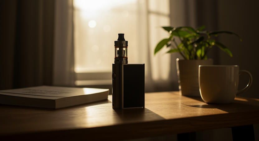 vape pen sitting on a desk with a coffee as the sun shines through the window onto the table