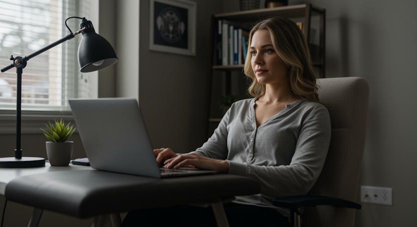 woman in Columbus home office during a private remote quit smoking hypnotherapy session calm focused expression