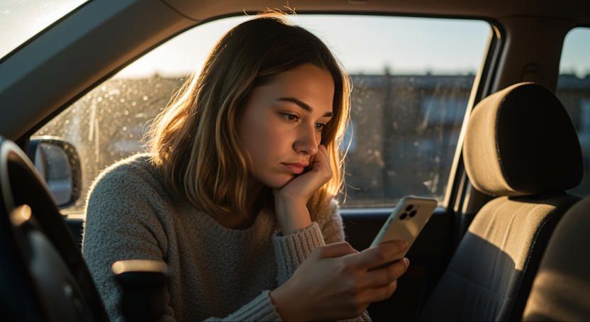 woman sitting in her car doing quit smoking hypnosis research on her phone with a curious look on her face