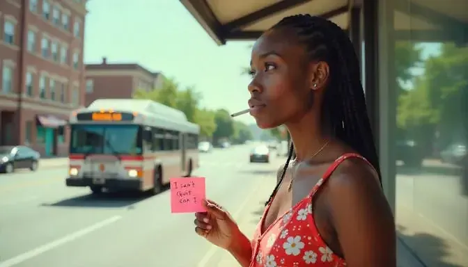 woman standing at bus stop with a cigarette in her mouth and a post-it note in her hand that says I can't quit, can i? 