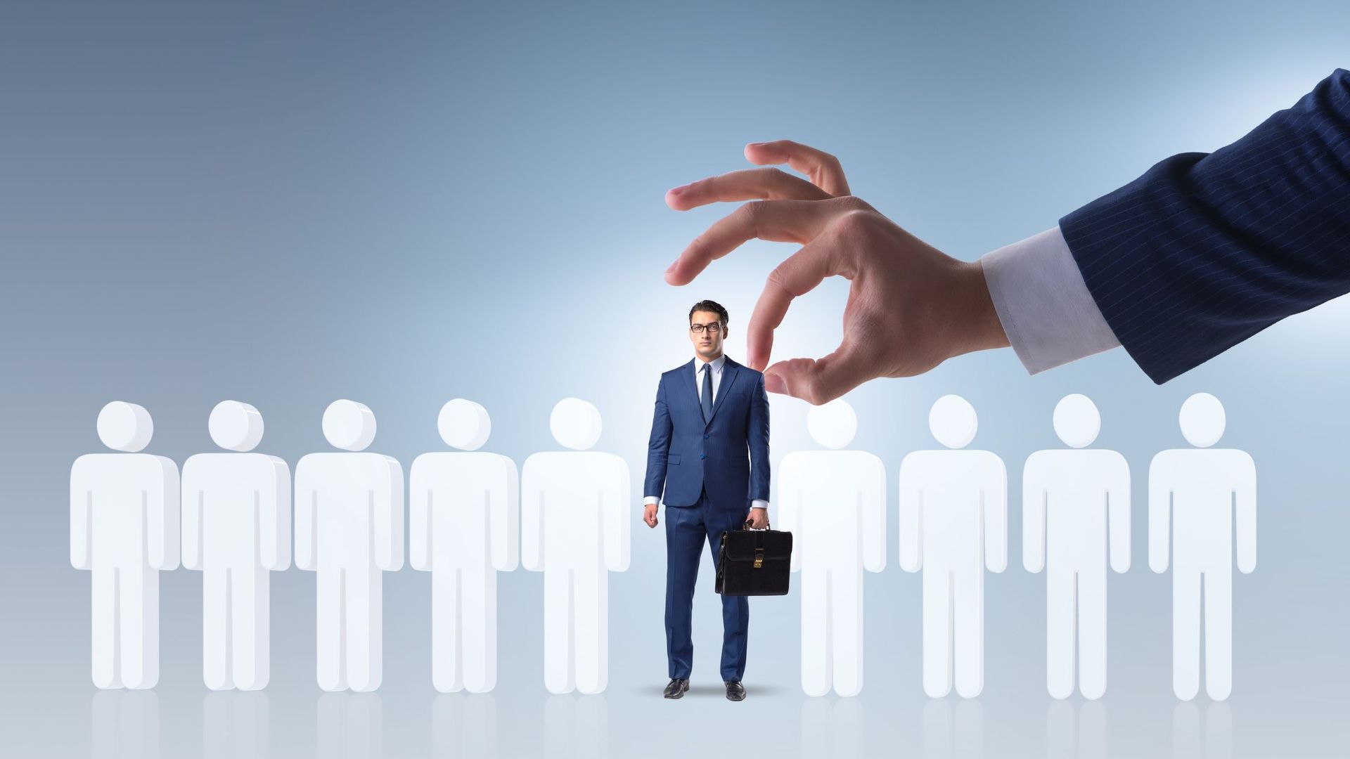 A hand-picking out a human from a line-up of stick figure people