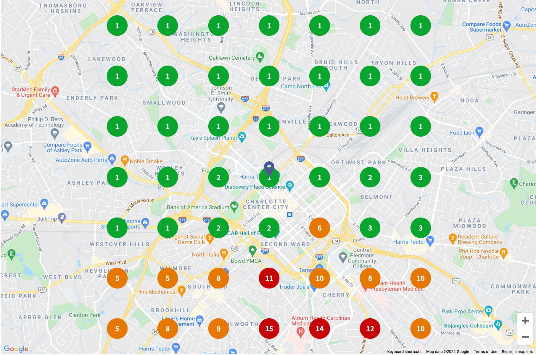 A clean, branded (white-label) mock-up of the BrightLocal Geo-Grid Report showing a clear pattern of Rank 1, 2, 3 over a wide area.