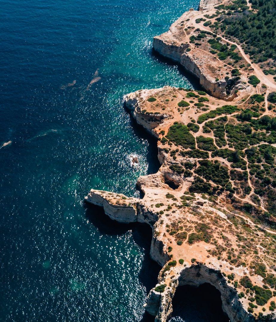 Scenic drive along a winding coastal highway, offering a professional private transfer with breathtaking views of the rugged shoreline and blue horizon.