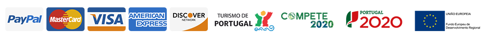Collection of logos including payment providers (e.g., Visa, Mastercard), EU, Portugal, Compete, and Turismo de Portugal, signifying our official licensing and authorization as a travel agency.
