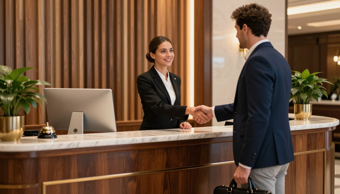 Recepción de hotel con un empleado estrechando la mano de un huésped en el vestíbulo.