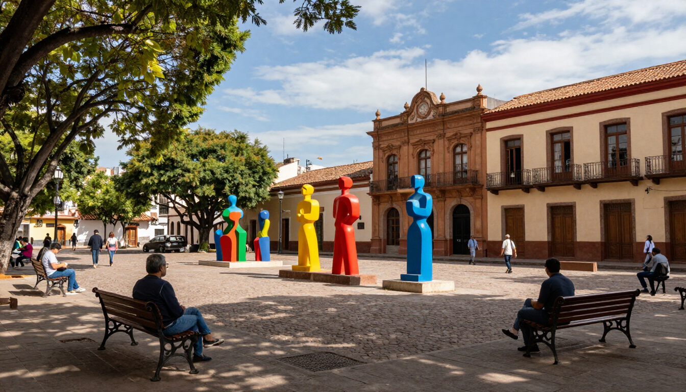 Esculturas humanas coloridas en una plaza soleada con bancos, árboles y edificios históricos a lo largo de la calle.