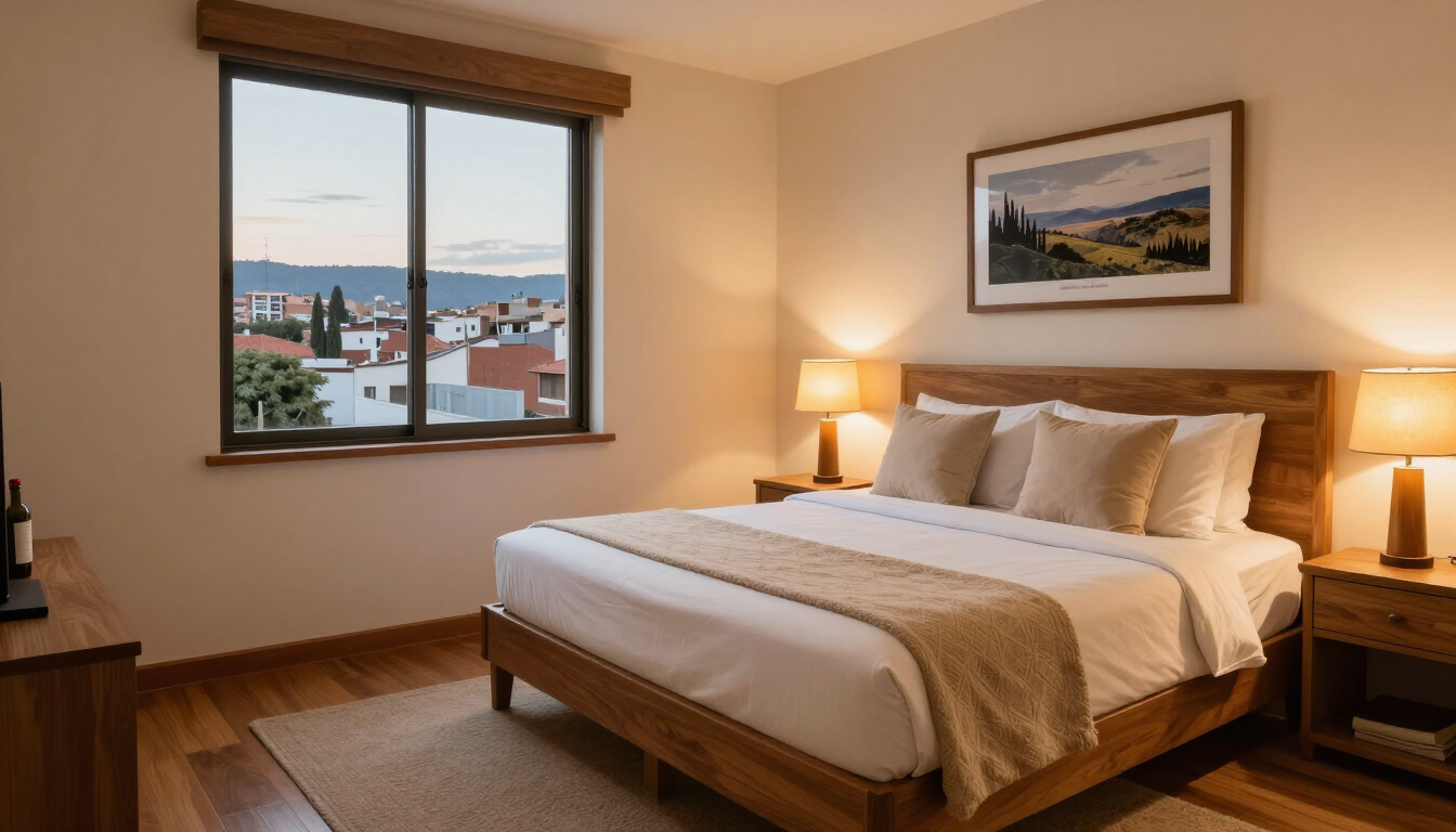 Acogedora habitación con cama, lámparas de noche, cuadros enmarcados y una ventana con vistas a tejados y colinas.