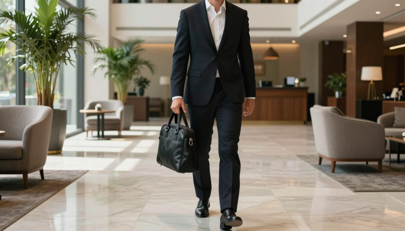 Persona vestida con un traje negro caminando por el vestíbulo de un hotel, llevando una bolsa negra.