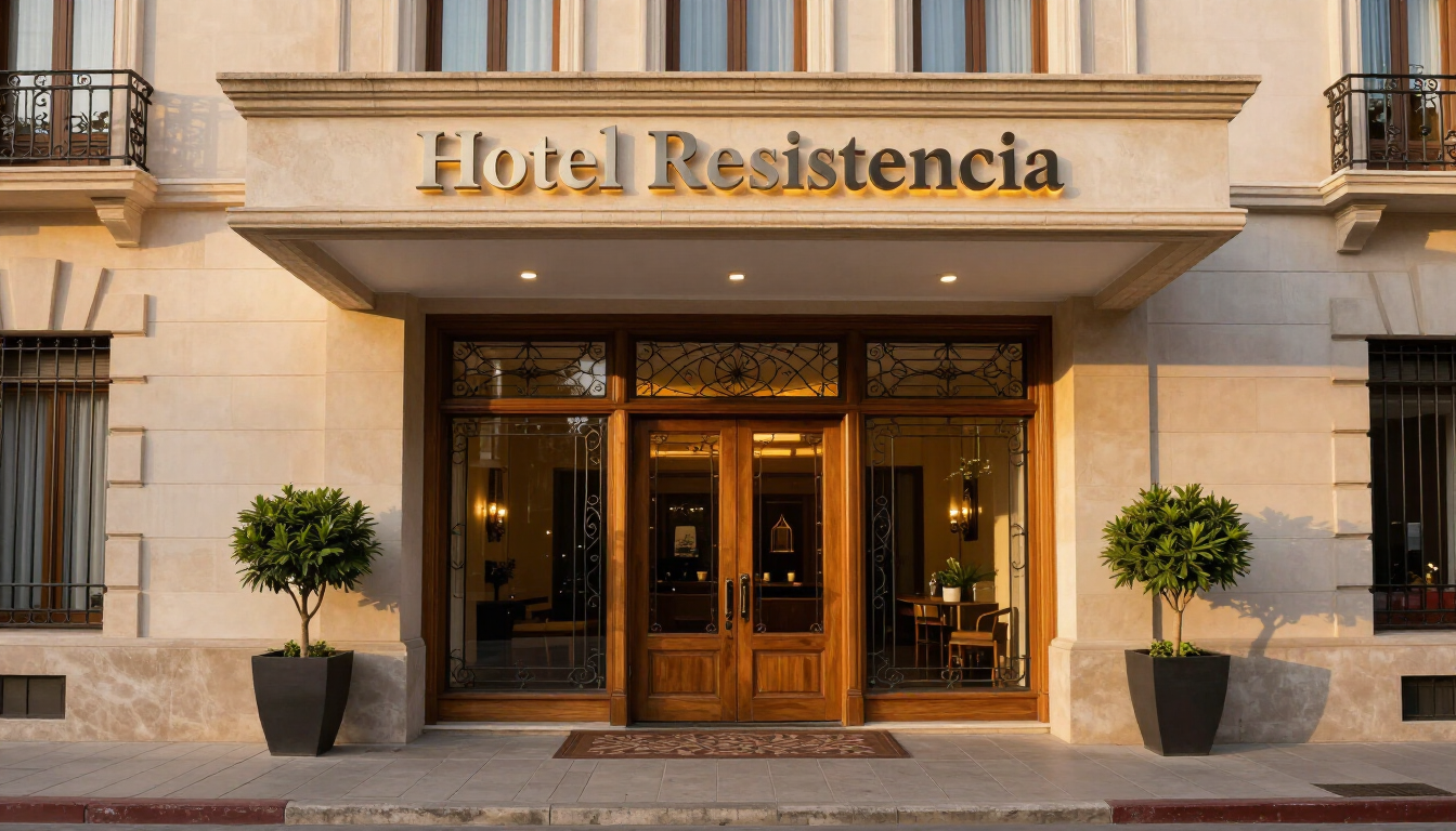 Entrada del Hotel Resistencia con puertas de cristal, fachada beige y dos árboles en macetas.