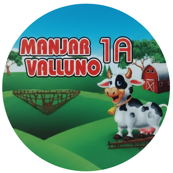 Etiqueta redonda con dibujo de vaca en granja, texto 