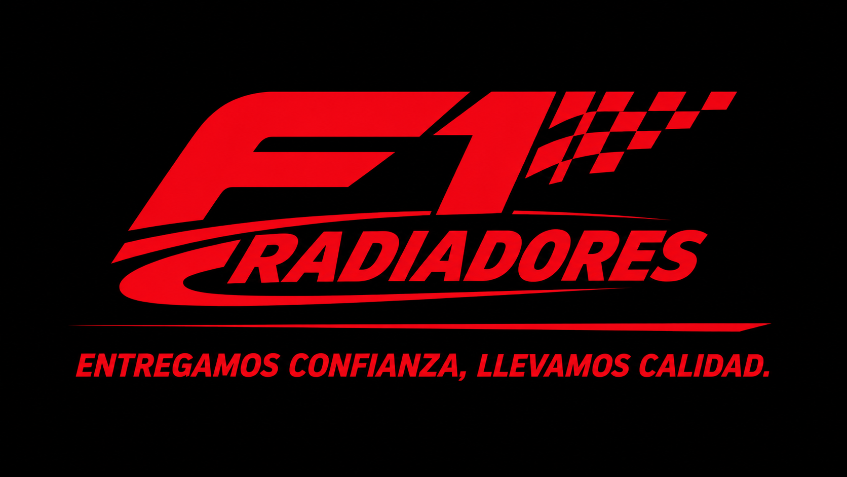 Logotipo de F1 Repuestos con una F negra en cursiva, líneas de velocidad rojas y texto gris.