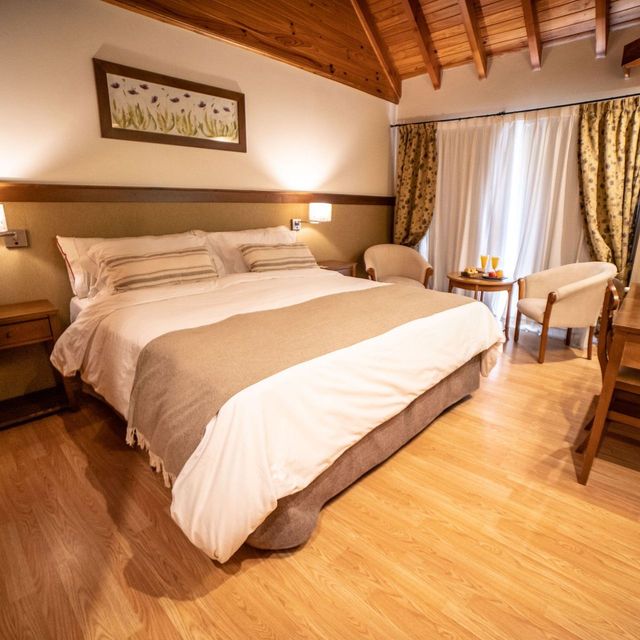Acogedora habitación de hotel con cama king size, techo de madera, sillones y una iluminación cálida