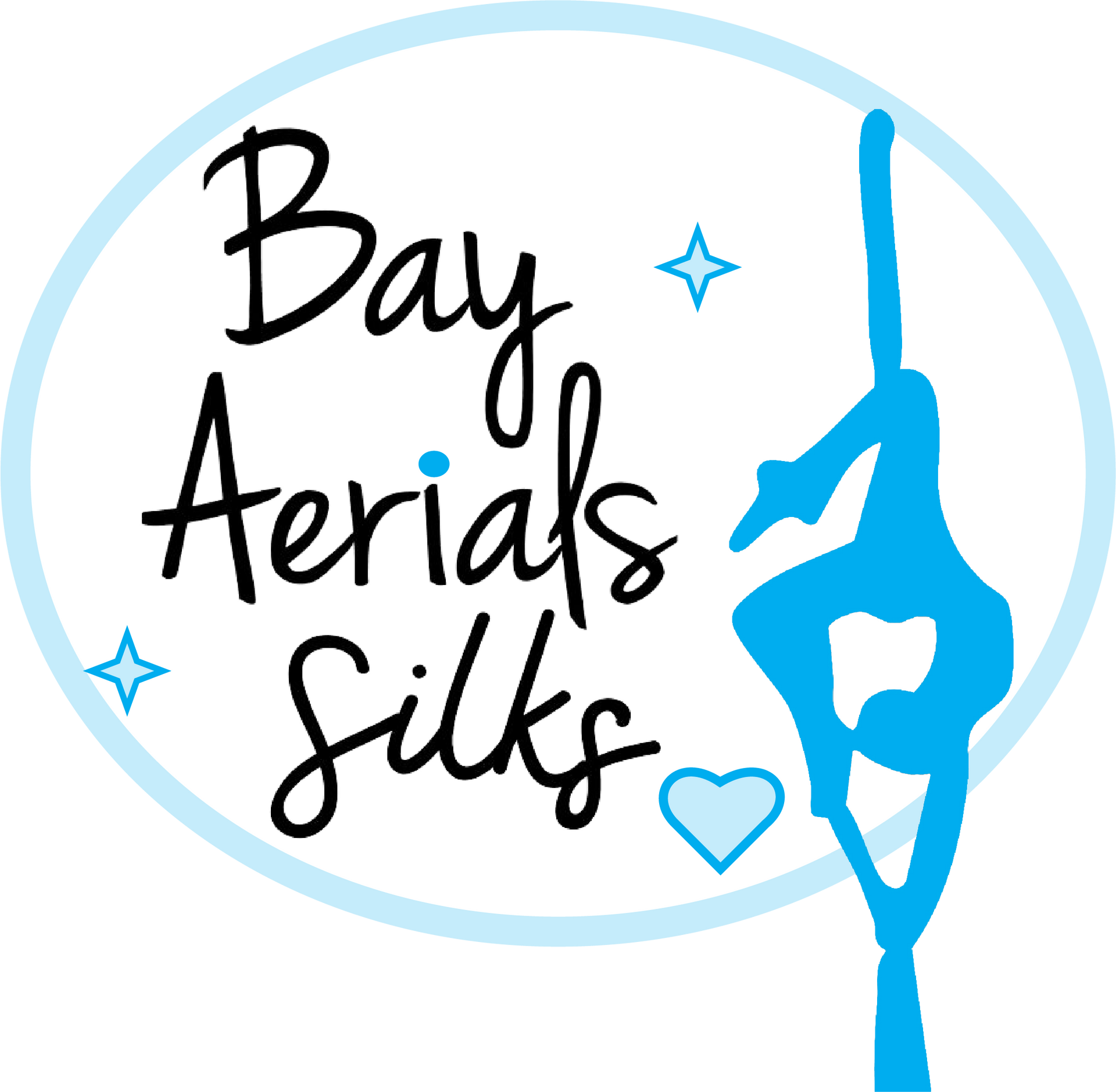 Logo for Bay Aerials Silks with text and a blue aerial silk figure.