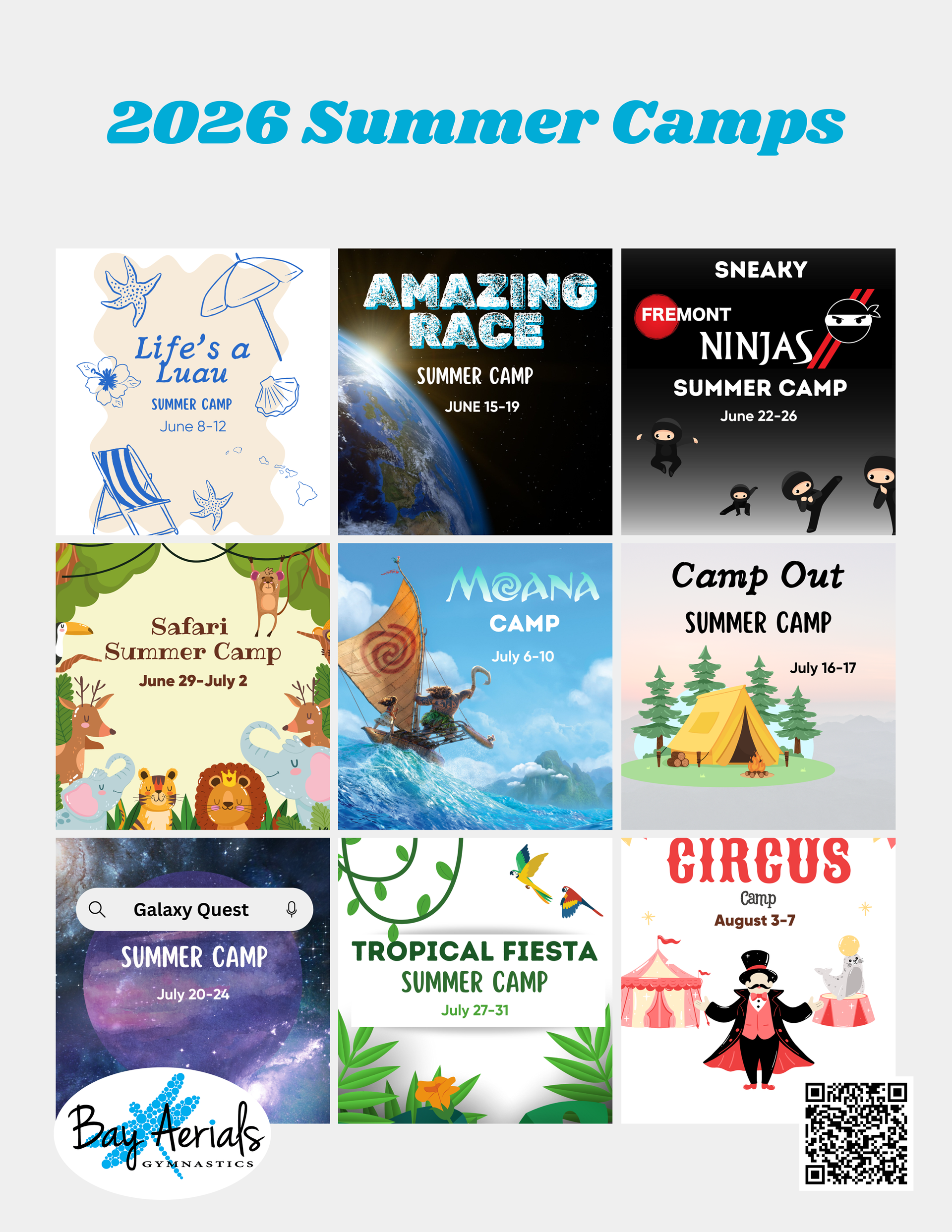 2026 Summer Camp flyer with nine camp themes: Amazing Race, Ninjas, Moana, Circus, and more.