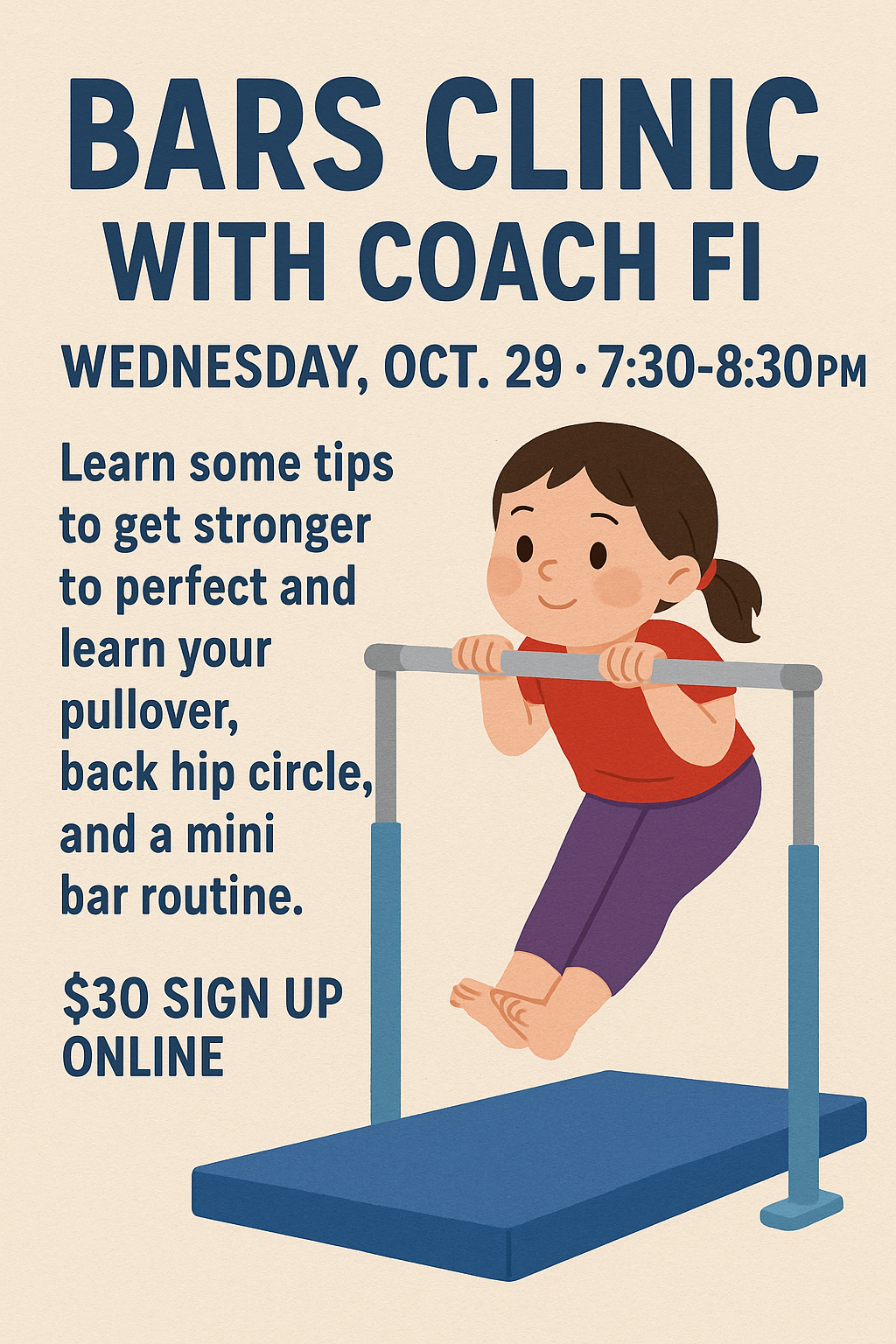 Poster for a bars clinic with Coach Fi on October 29. A child is shown on a mini bar. The clinic costs $30 to sign up.