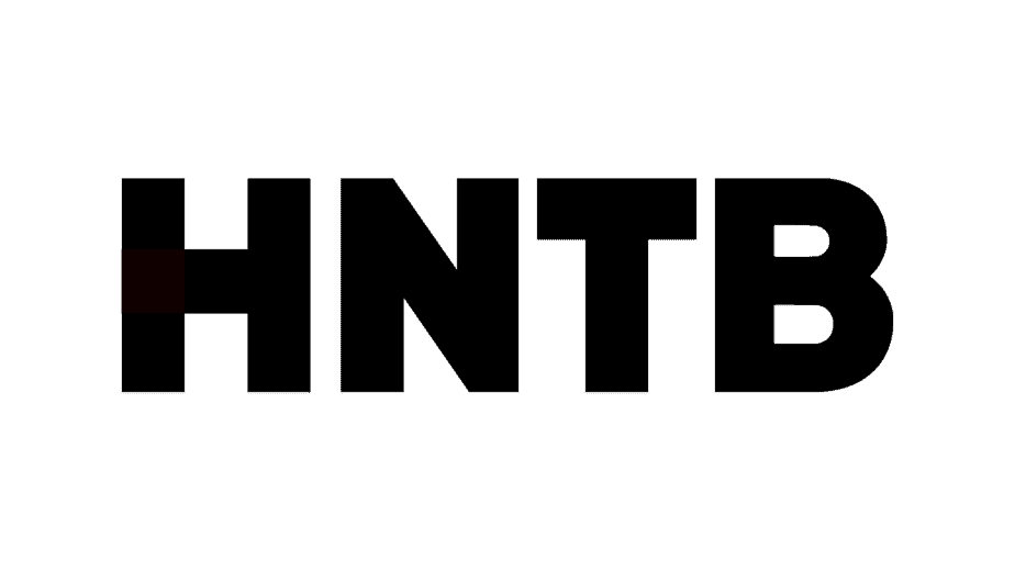 Black bold letters “HNTB” on a white background