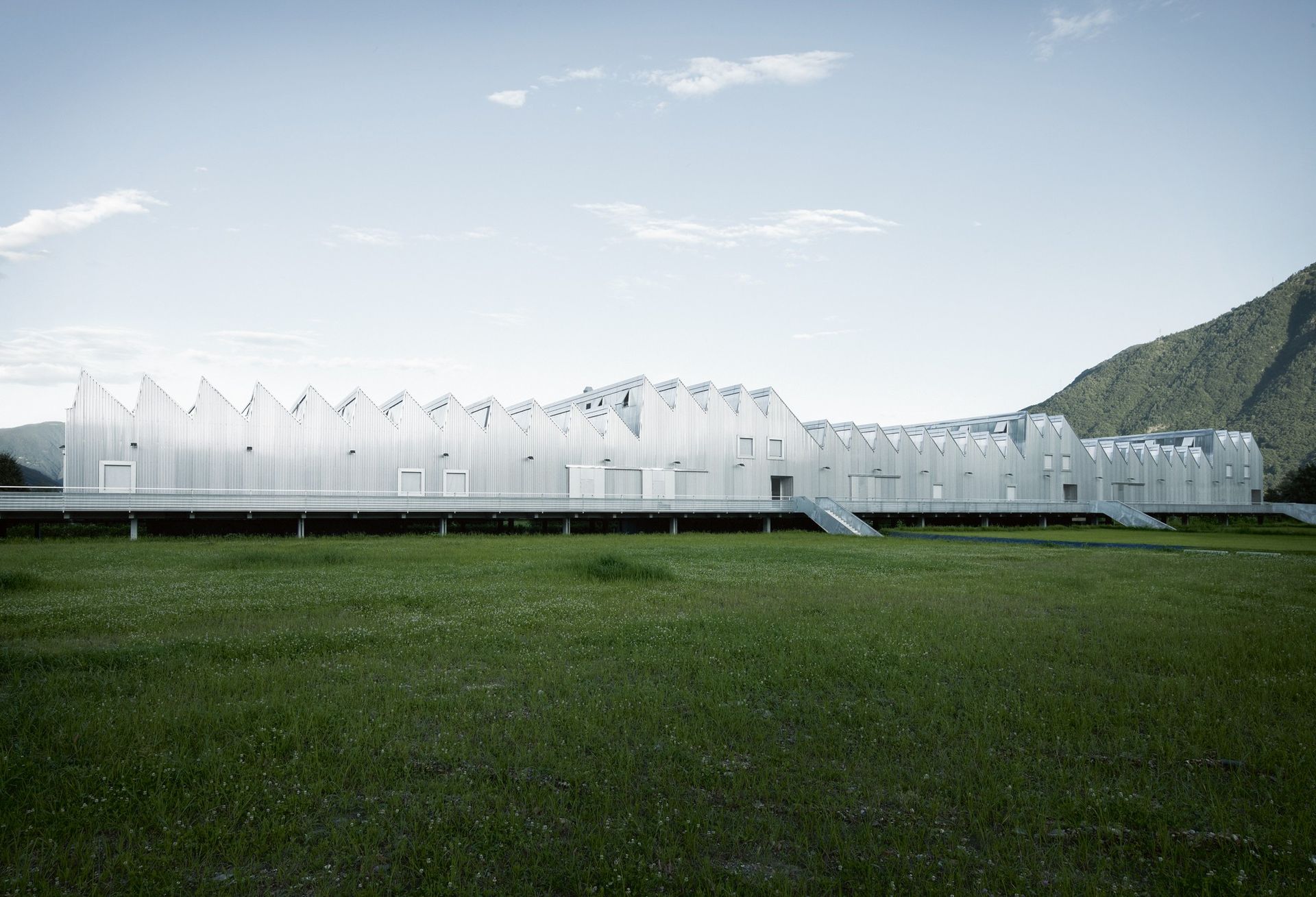White greenhouse complex on a grassy field with mountains in the background under a pale sky