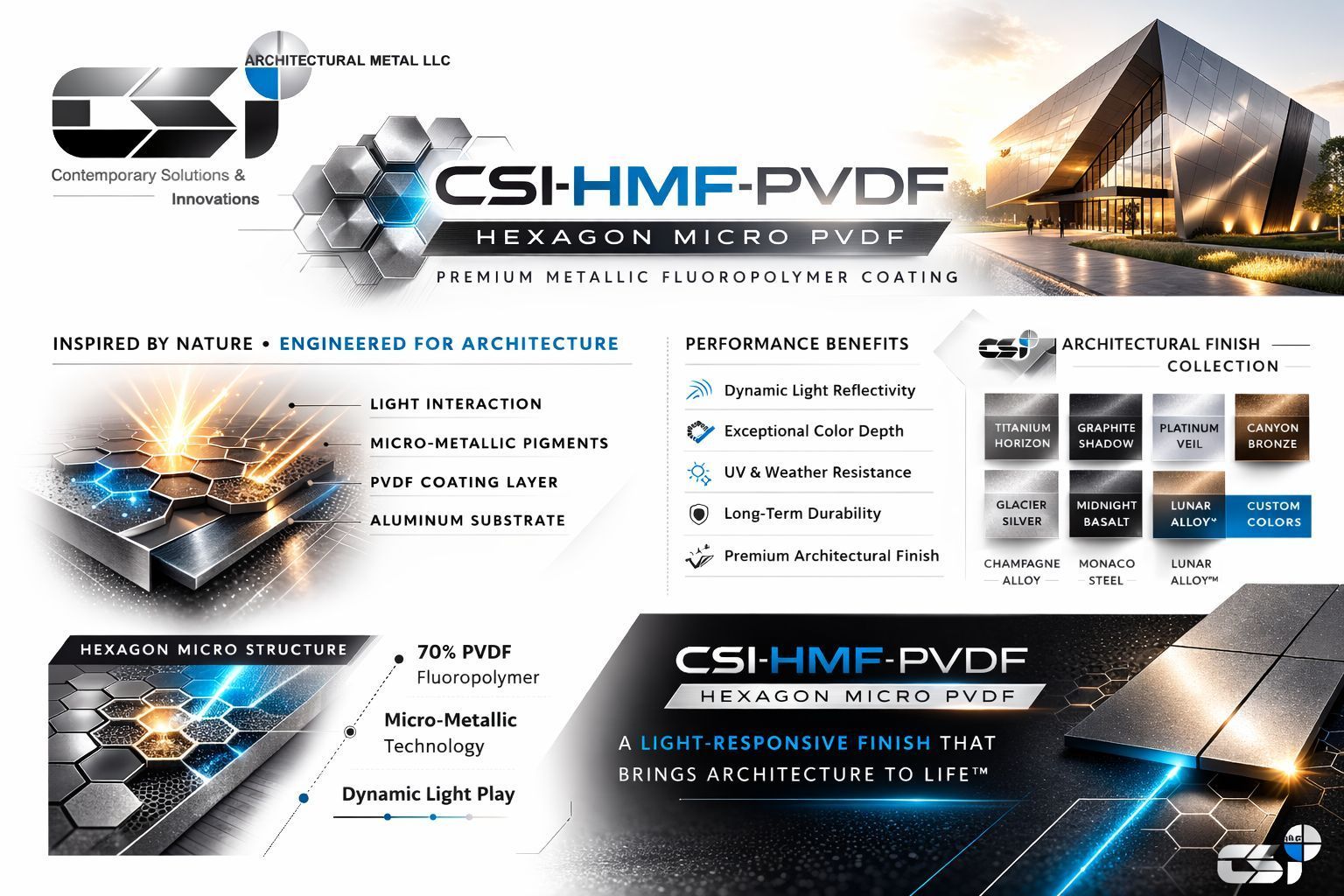 CSI-HMF-PVDF promotional banner with hexagon logos, product visuals, and blue-and-black technical design.