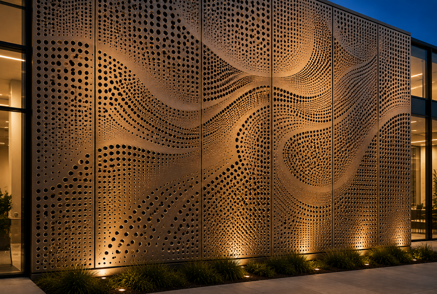 Decorative perforated metal wall illuminated by warm lights at night, with swirling patterns